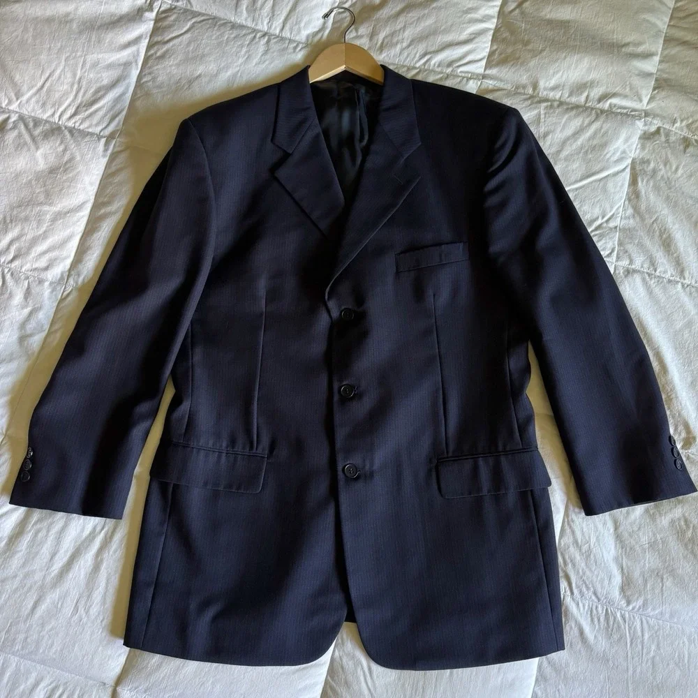 Vtg Pavone Italy Super 100 Suit Men's 44L 33x31 Pleated Navy Blue Pinstripe Boss